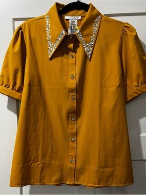 Embellished Collar Mustard Short-Sleeve Button-Down Top